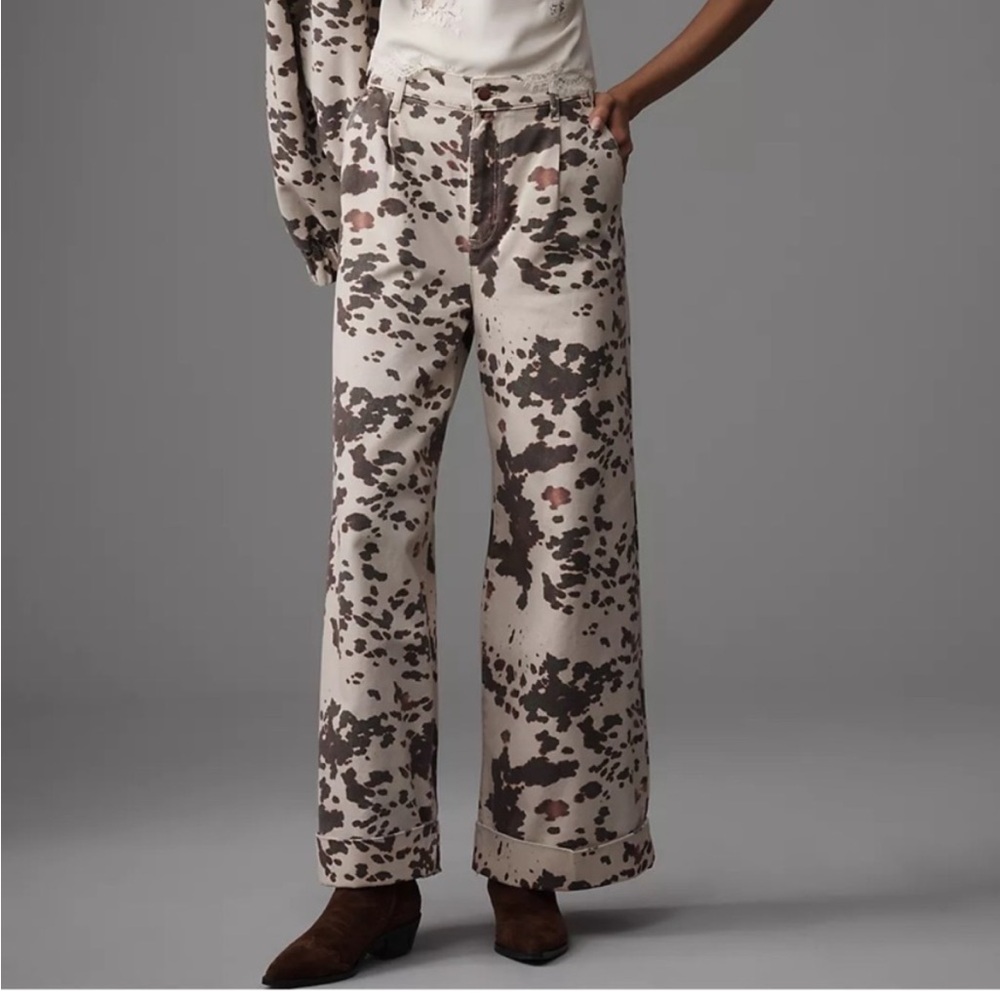 Pilcro- Anthropology Wide Leg Print Pants in Cream and Dark Brown